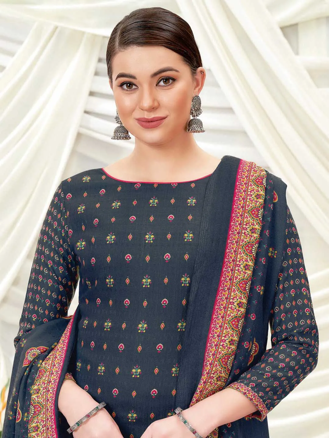 Wool Pashmina Dark Grey Printed Unstitched Suit Set