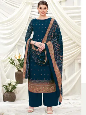 Wool Pashmina Navy Blue Printed Unstitched Suit Set