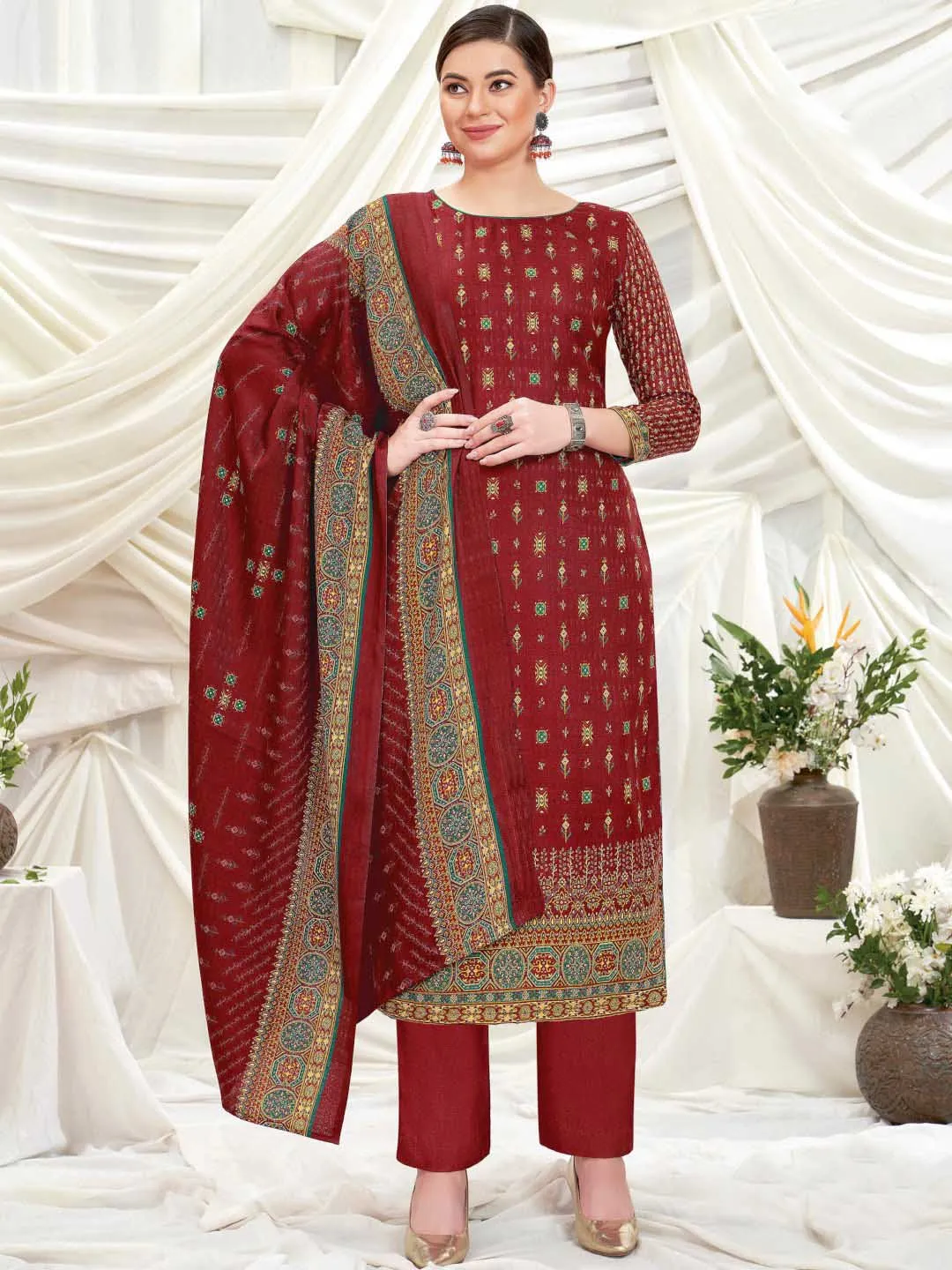 Wool Pashmina Red Printed Unstitched Suit Set