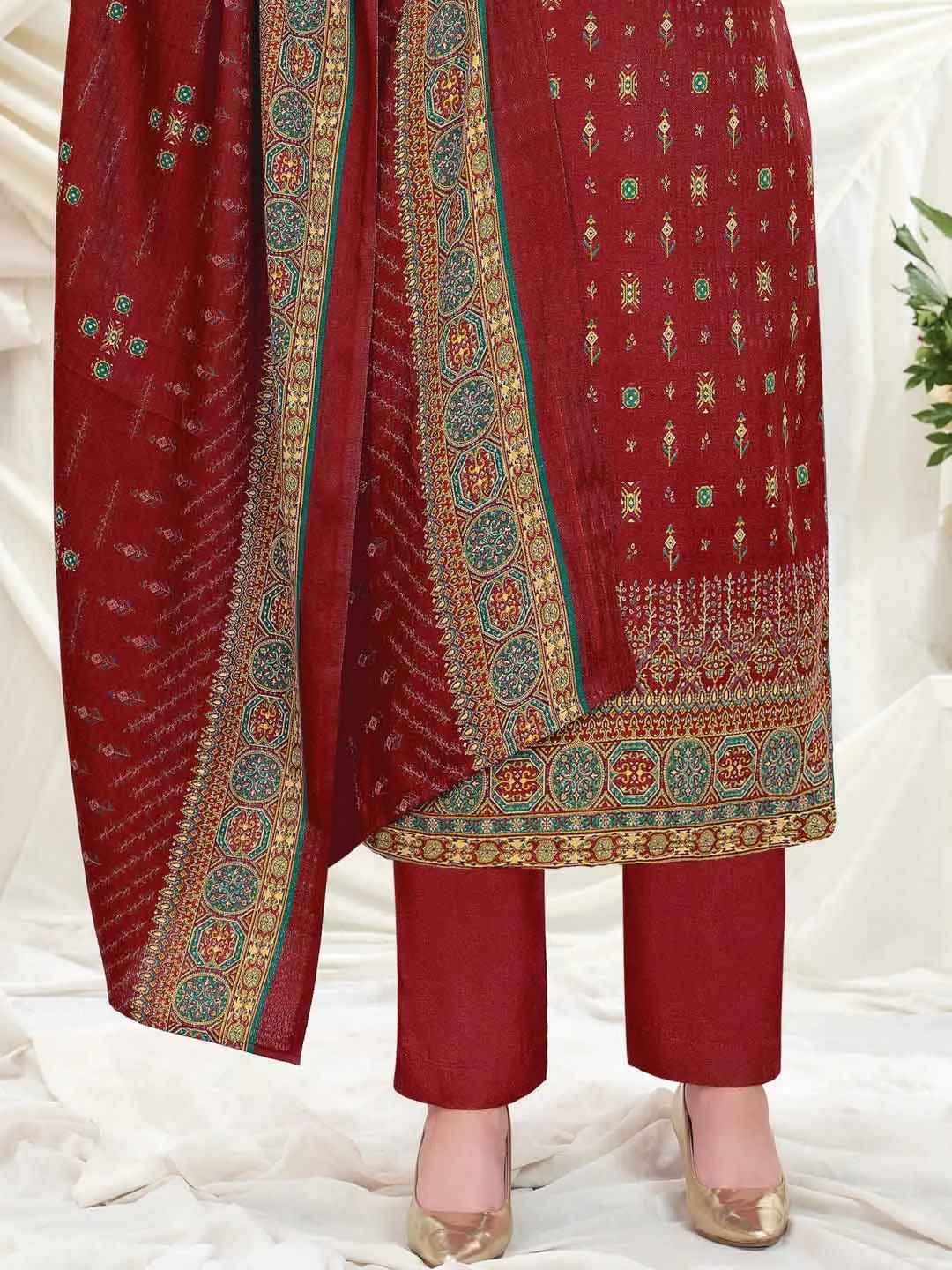 Wool Pashmina Red Printed Unstitched Suit Set