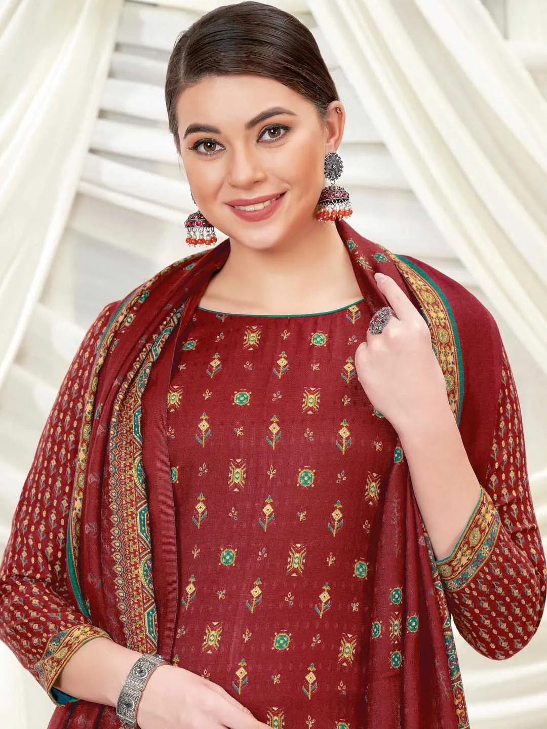 Wool Pashmina Red Printed Unstitched Suit Set