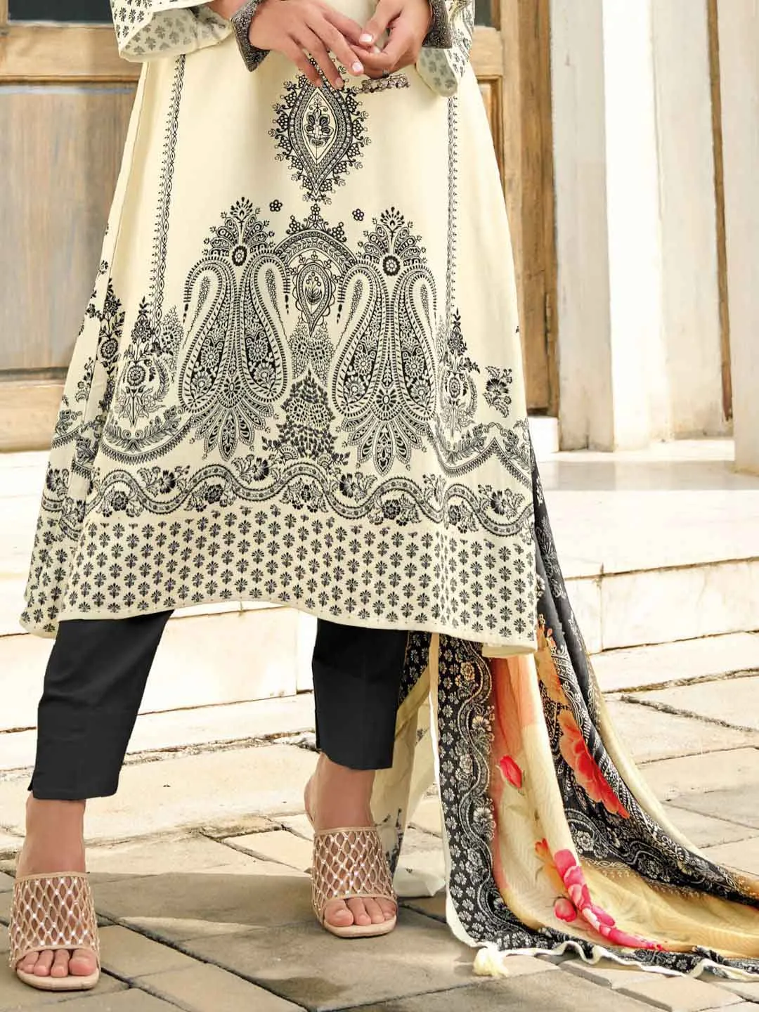 Woolen Unstitched Cream Winter Suit Dress Material with Zari Work