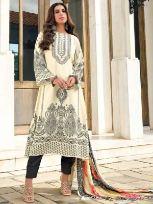 Woolen Unstitched Cream Winter Suit Dress Material with Zari Work